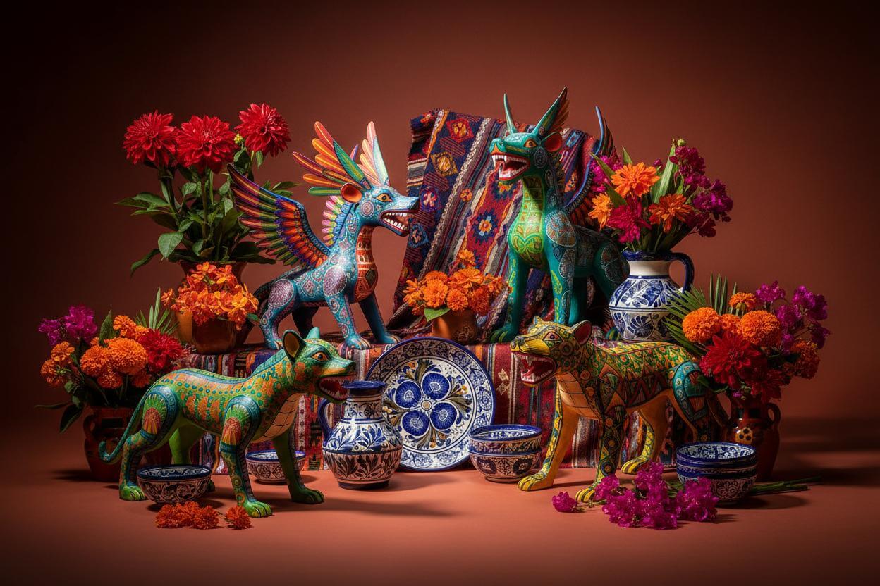 Coloridas artesanías mexicanas: alebrijes, talavera y textiles tradicionales