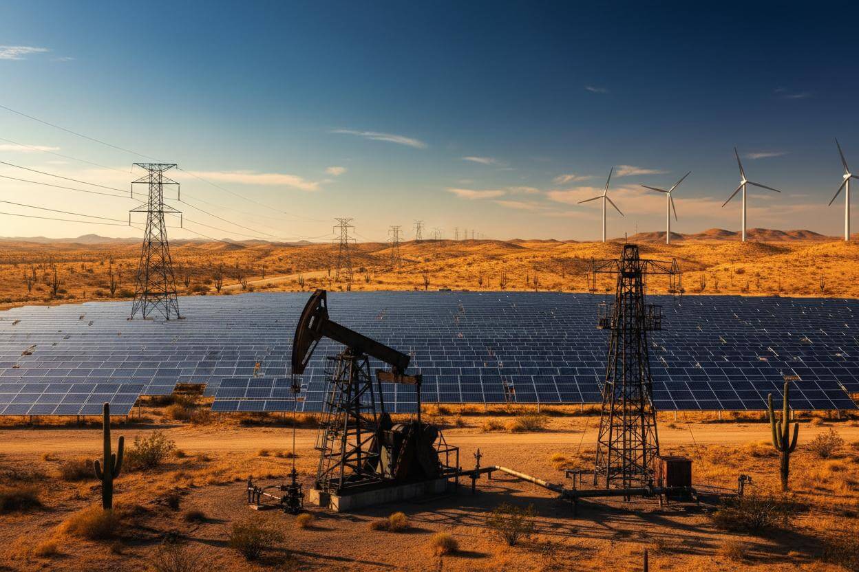 Paisaje con paneles solares, aerogeneradores y bomba petrolera en el desierto mexicano