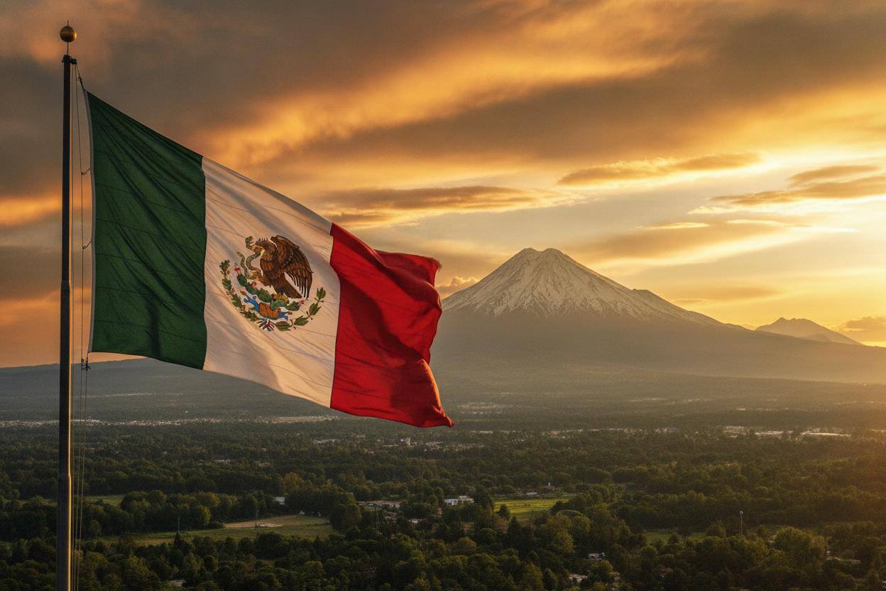 Bandera de México con los volcanes Popocatépetl e Iztaccíhuatl al atardecer