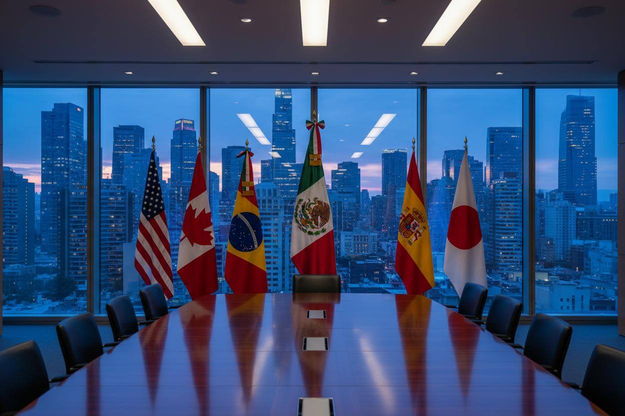 Sala de conferencias diplomáticas con banderas internacionales